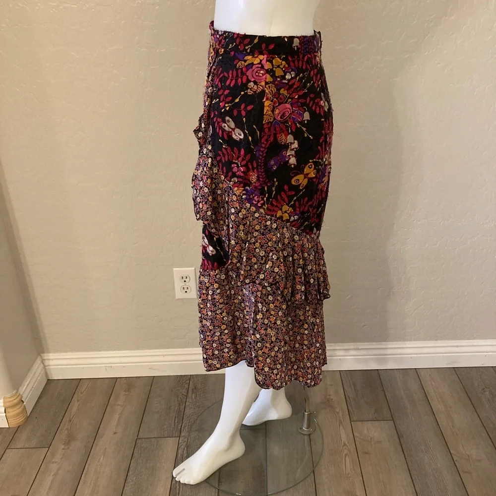 Anna Sui Silk MIDI Length Asymmetrical Floral Skirt Size 6 - Picture 9 of 12